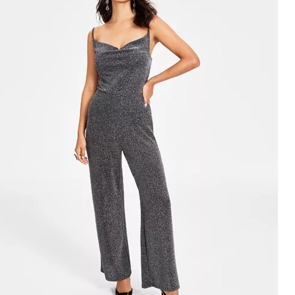 Vintage 90s Newport Cowl Neck black Metallic stretchy Jumpsuit - Picture 1 of 4